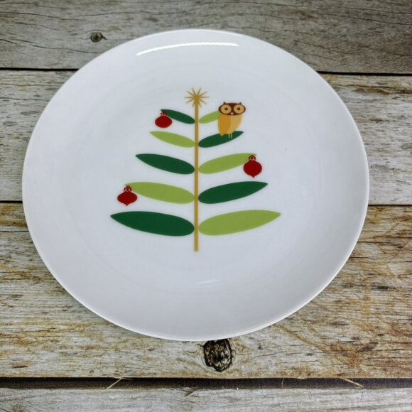 Rachael Ray HOLIDAY HOOT Christmas Tree Owl Stars Porcelain Salad Plates Set 4 - Picture 4 of 16